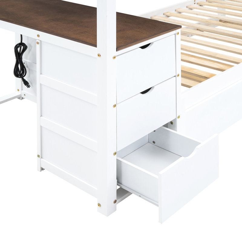 Lit simple superposé simple avec bureau, rangement en pin massif blanc et noyer Twintwin et blanc et noyer. Fonctionnel. Pour les espaces de vie compacts