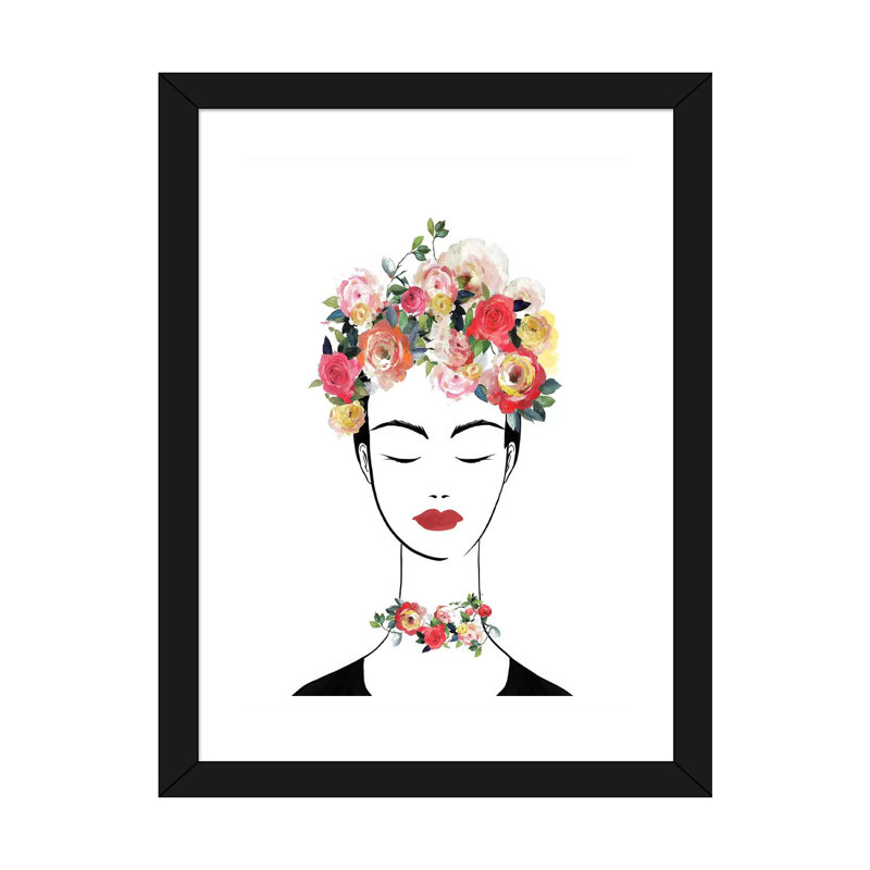 «Flower Crown Frida II» par Isabelle Z - impression d'art graphique, H 24 po x l 16 po x P 1 po, Papier encadré noir, Blanc