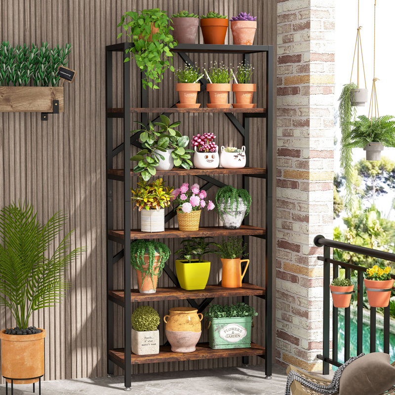 31.5"W x 70.87"H Myrikle Etagere Bookcase Bookshelf 6 Tier Open Back Baker's Rack Brown Black, Black/Rustic Brown