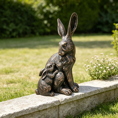 Outdoor Mother & Baby Hare Cuddling Statue for Garden Lawn Patio Yard Ornament