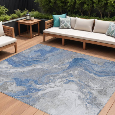 Tapis d'extérieur lavable abstrait bleu et ivoire 10 pi x 14 pi