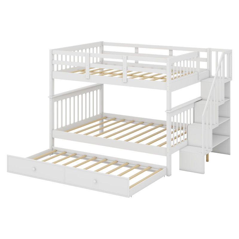Lit superposé avec lit gigogne, rangement et garde-corps pour la chambre à coucher, Blanc