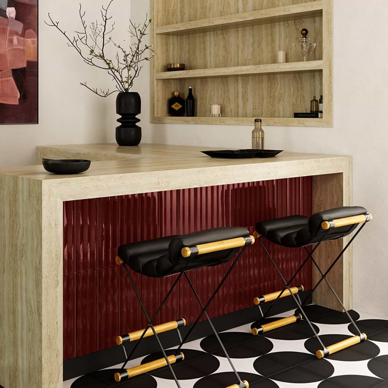 Ponto 5x16 Fluted 3D Polished Porcelain Tile, Ruby Red