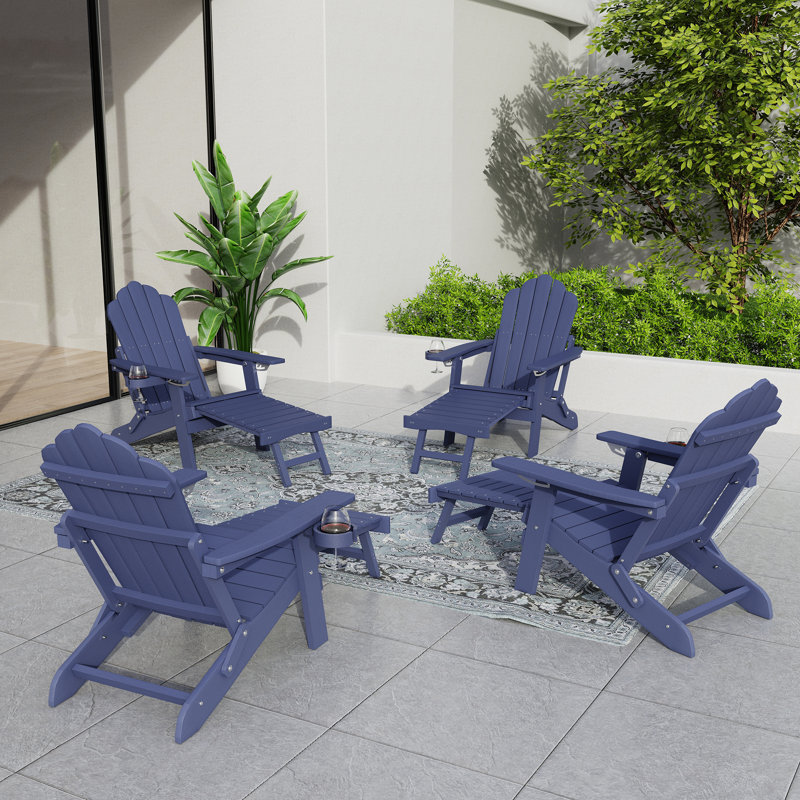 Folding Adirondack Chair with Cup Holders, Fire Pit Chair with Retractable Ottoman,  Multifunctional HIPS Chair for Porch, Patio, Balcony