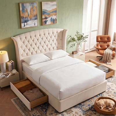 Velvet Tufted Wingback Platform Bed, 2 Storage Drawers, Sprung Slats, No Box Spring Needed