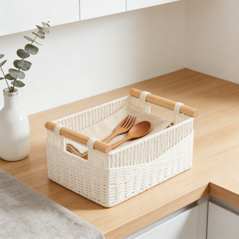 Handwoven Storage Baskets With Wood Handles, Recyclable Paper Rope Decorative Organizer For Living Room, Bedroom, Shelves, And Home Office, Set Of 2