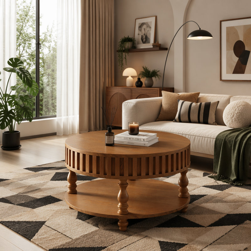 Table basse de style campagnard cannelé avec rangement et couvercles rabattables, table de centre brun rustique pour le salon avec rangement caché spacieux, pieds robustes en bois massif durable