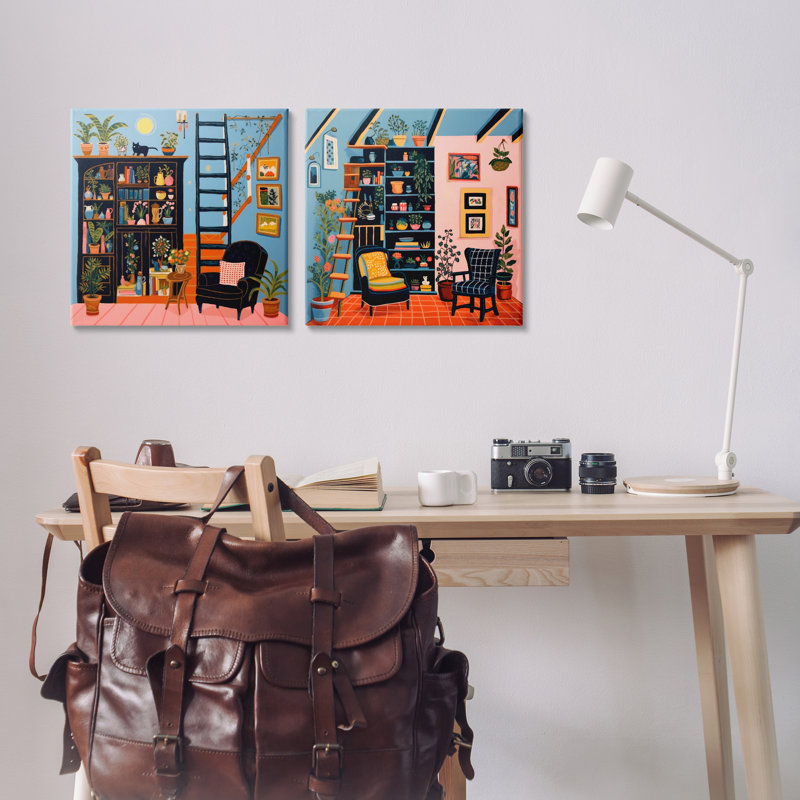 «Cozy Decorated Reading Nook», ensemble de 2 toiles murales par Lazar Studio, H 17 po x l 17 po