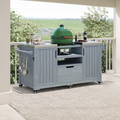 66.5" Solid Fir Wood Outdoor Kitchen Island & Rolling BBQ Cart with Stainless Steel Countertop