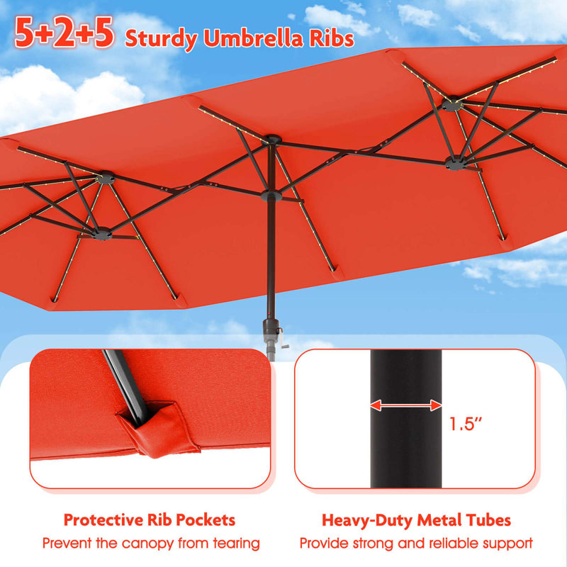 Grand parasol de patio 13 pi avec lumières solaires à DEL et manivelle 12 baleines robustes, Orange