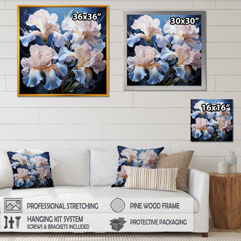 Iris baignant dans une aura argentée au clair de lune II sur toile, Cadre flottant noir, H 30 po x l 30 po x P 1 po
