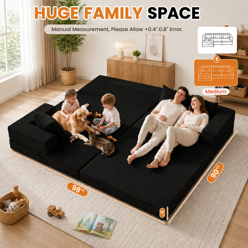 Canapé-lit convertible pliable en trois parties de 200 cm (79 po), futon modulaire en velours côtelé avec méridienne en L, canapé nuage, aucun assemblage requis pour le salon et les petits appartements