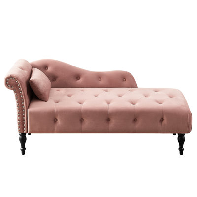 Élégante méridienne en velours rose avec capitonnage à boutons, pieds en bois massif, garniture cloutée et coussin - Rehaussez le décor de votre salon, chambre à coucher, boutons de bureau, détente et confort