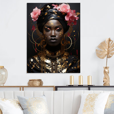 Rose et or femme africaine élégance II - femme afro-américaine, art mural en métal
