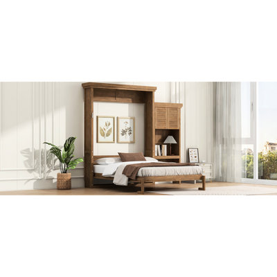Grand lit avec persiennes et couleur de bois, plusieurs tablettes de rangement, fonction d'économie d'espace, construction en pin, idéal pour le salon, lit pliant, utilisation dans la chambre à coucher