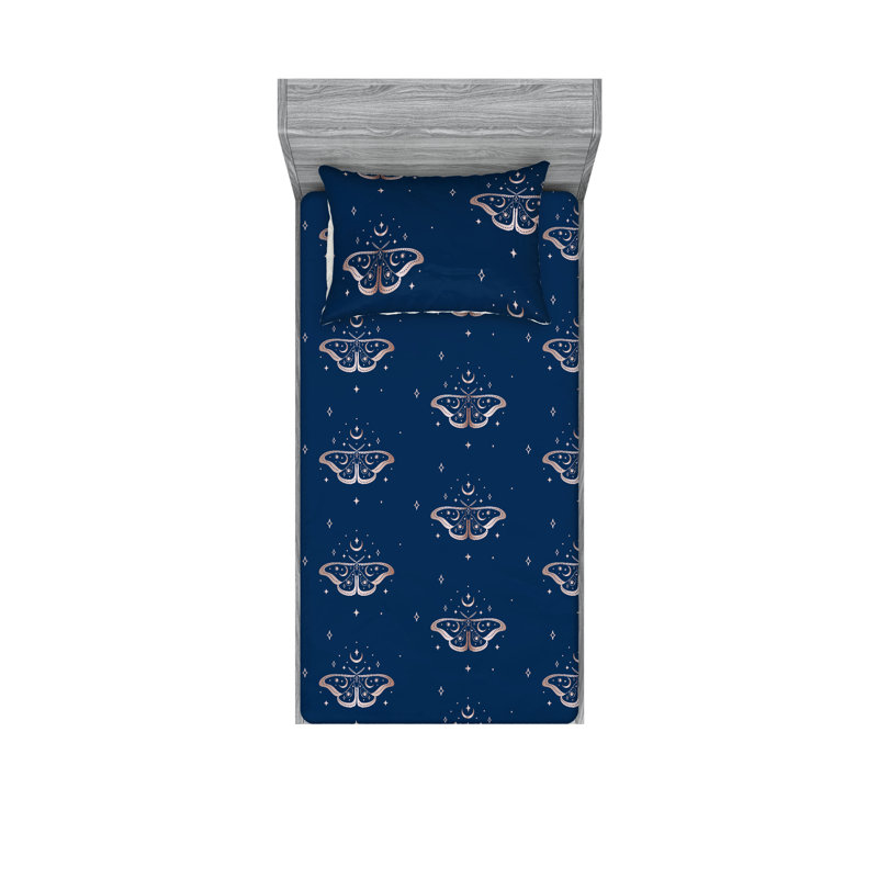 Ambesonne Fitted Sheet & Sham Celestial Boho Moth Print Cobalt Blue Pale Eggshell, Twin Sheet Set with 1 Pillowcase