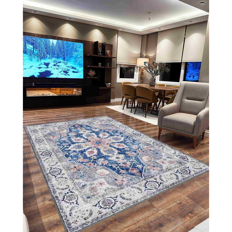 Melnick Machine Washable Living Room Rug Design 7770 - 5X8 (5'2"X7'5"), Blue