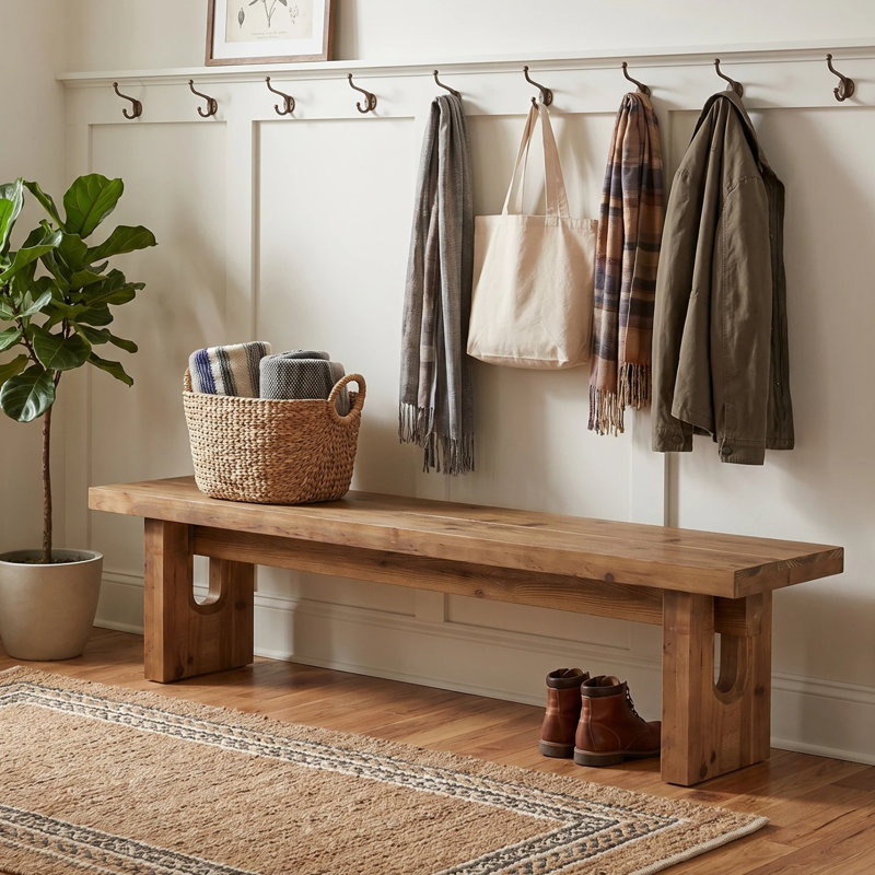 63-Inch Bench, Solid Wood Entryway Bench