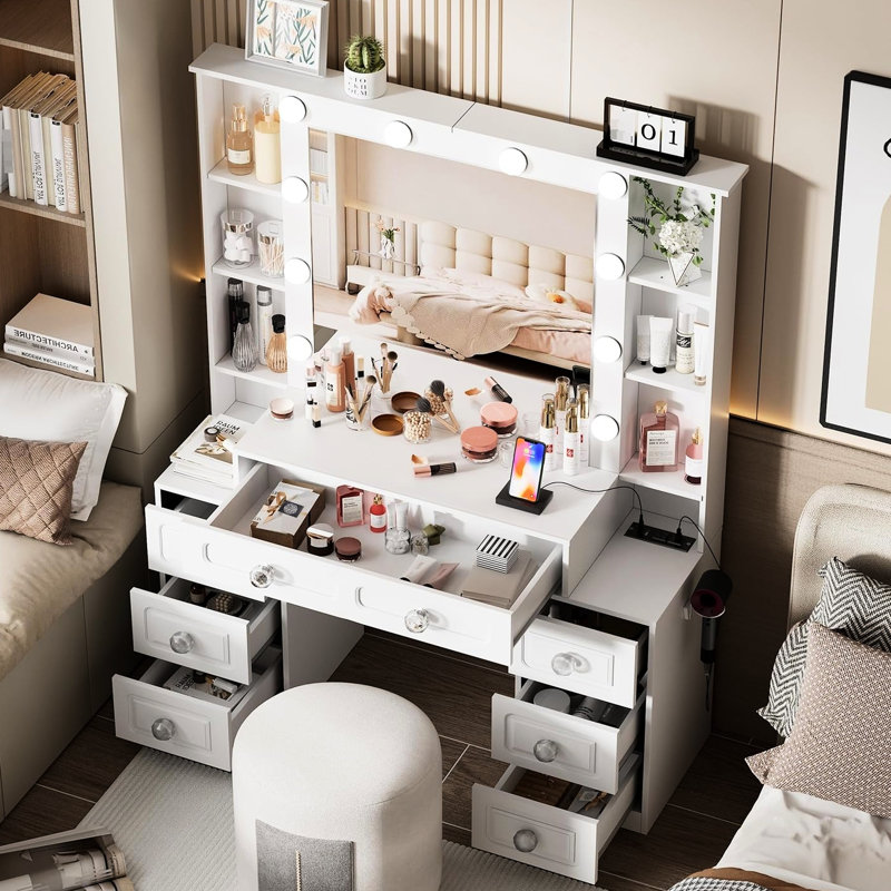 Coiffeuse avec lumières, miroir, 7 tiroirs, tabouret, tablettes de rangement ouvertes et de rangement, tablettes de coiffeuse rembourrées