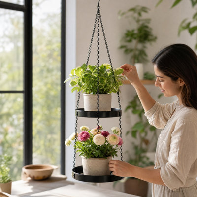 Casquette de baseball, panier de fleurs suspendu pour jardinage intérieur et support de jardinière suspendu à deux niveaux en métal ajouré