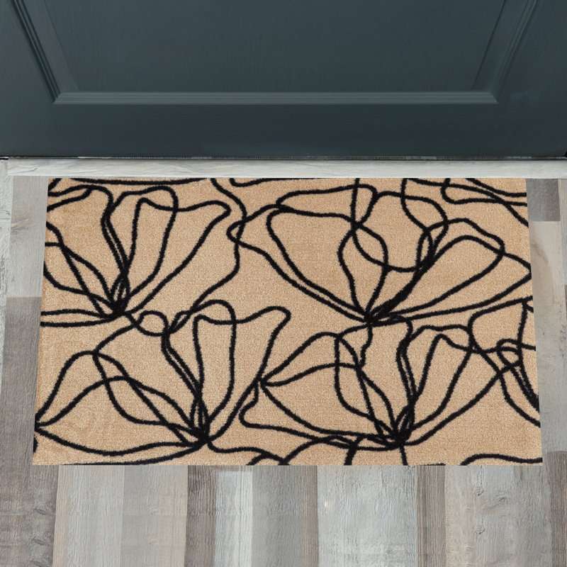 Poppies Black Small Washable Floor Mat, 20" W x 28" L, Tan;Black