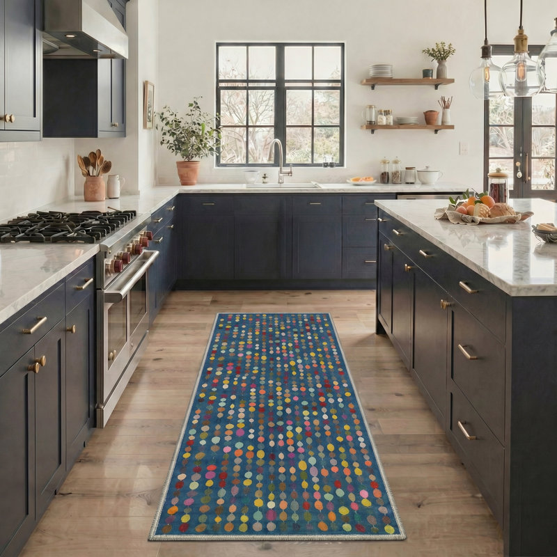 Aamir Evoque Modern Machine Washable Beige Indoor Area Rug with Non-Slip Backing, Runner 2'3" x 6', Navy Blue