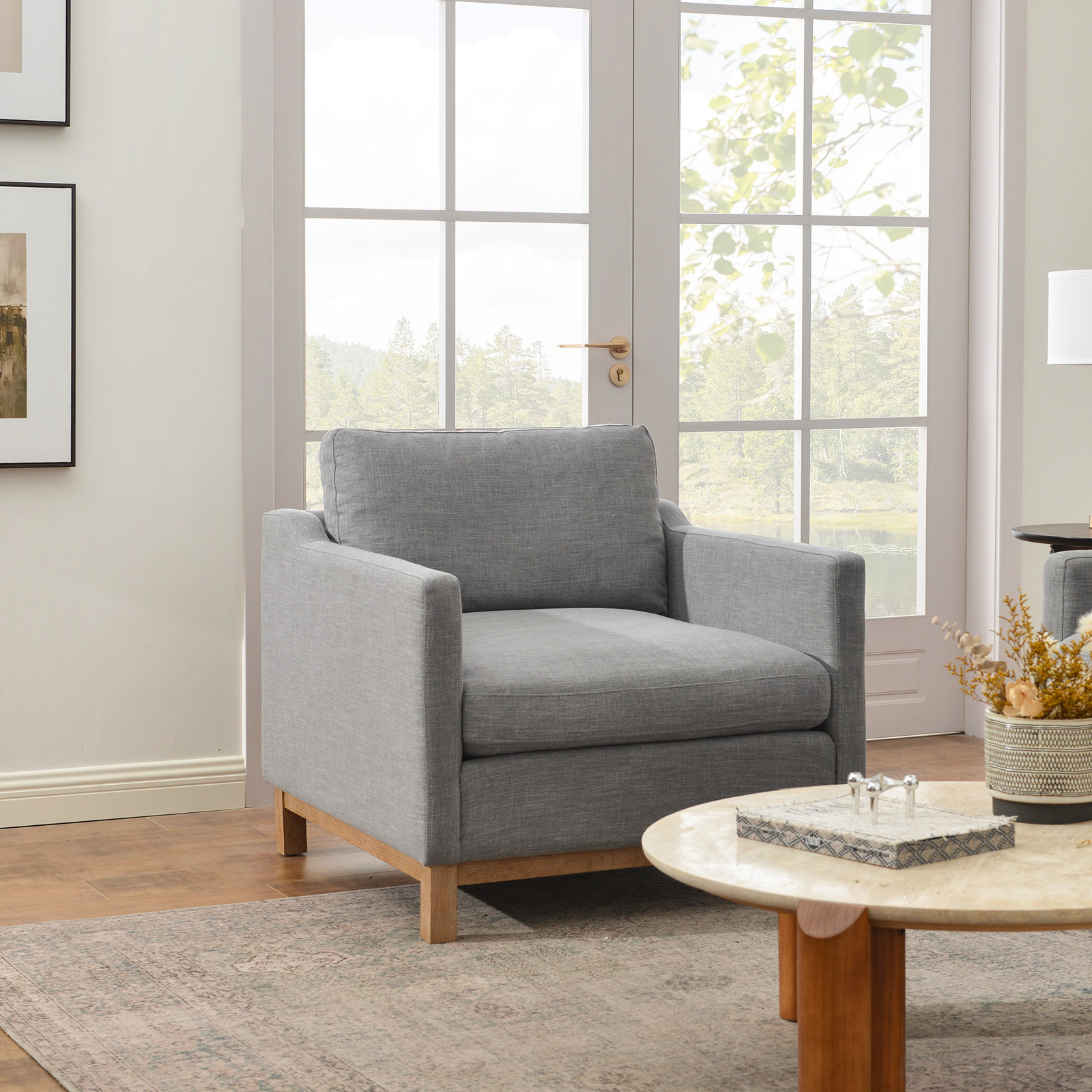 Cami Oak Armchair, Coastal Fog Linen Blend