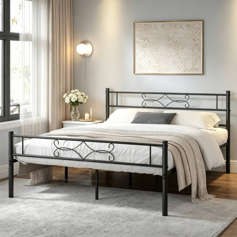 Lit plateforme simple en métal Abigael, Lit double, Noir