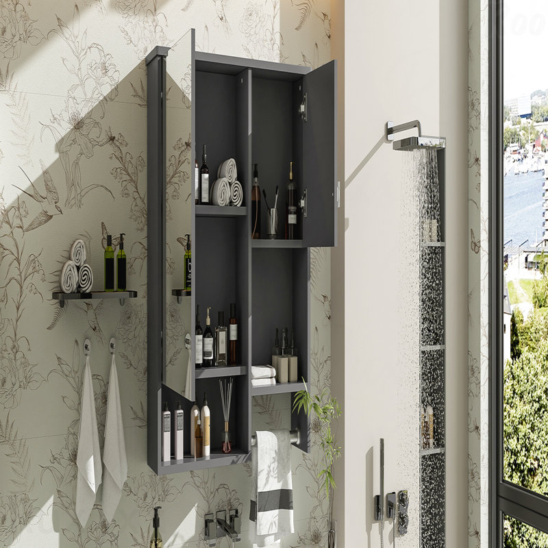 Armoire à pharmacie murale moderne avec miroir et barre à serviettes, rangement compact pour les petites salles de bain et une organisation efficace.