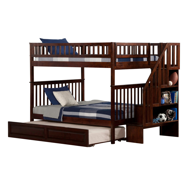 Lit superposé standard en bois massif avec bibliothèque Henden par Wildon Home, Double sur double, Noyer