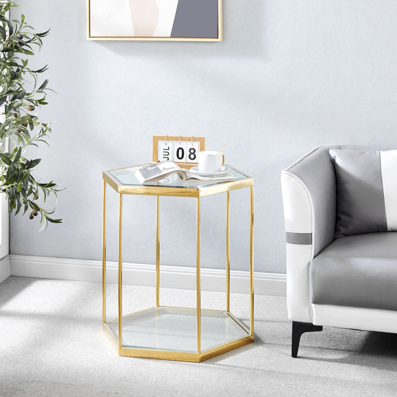 Modern Glass End Table With Gold Finish Stainless Steel Frame