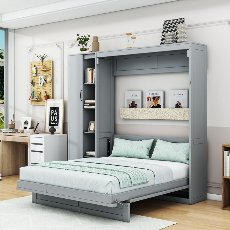 Lit escamotable avec rangement intégré et lumières DEL, Gris, Double