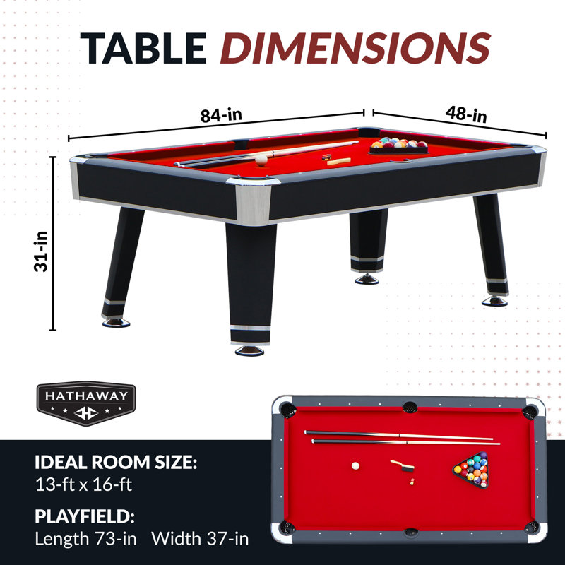 Table de billard Hathaway Jupiter de 7 pieds pour salle de jeux – Coins chromés et pieds réglables intégrés – Comprend queues, boules, craie, brosse et triangle – Tapis rouge et finition noire