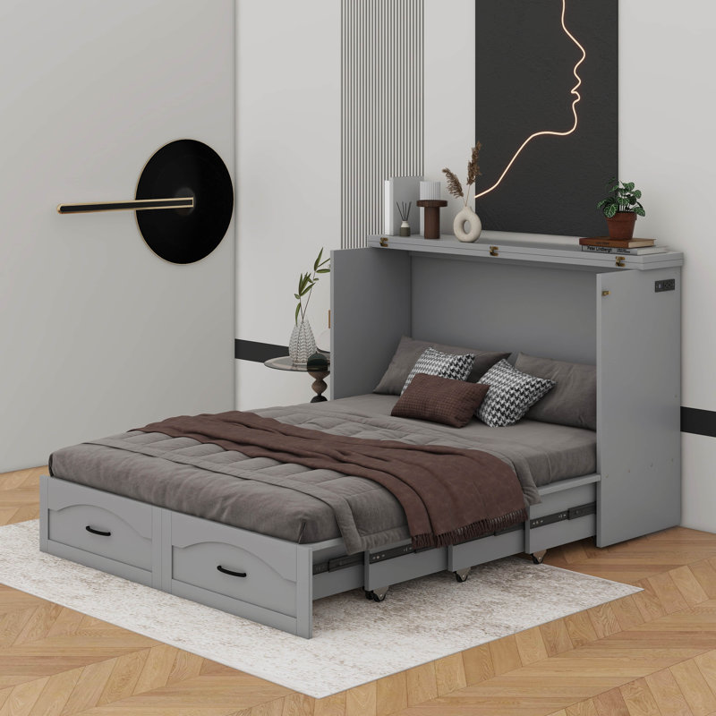 Lit escamotable double pleine grandeur avec tiroir et ports USB, Gris