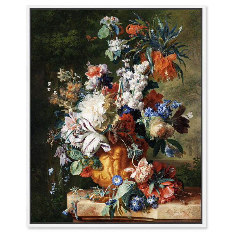 Fleurs dans une urne par Jan Van Huysum - Peinture, H 36 po x l 30 po, Toile blanche encadrée