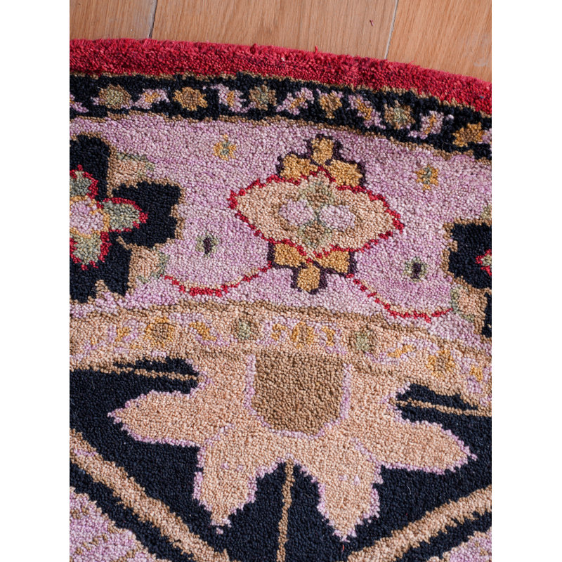 Tapis d'intérieur rectangulaire oriental fait main en soie et laine rouge et beige, noué à la main, Rond 6 pi