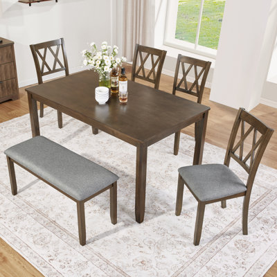 Elegant 6-piece Wooden Dining Table Set with 4 Chairs and a Bench. Modern Dining Table Set for 6 People, Rectangular Dining Table Set for Living Room, Kitchen and Dining Room, Walnut