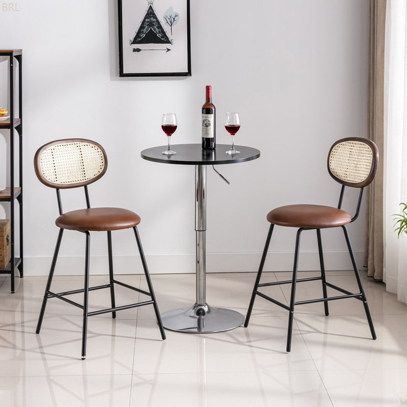 Ensemble de 4 tabourets de comptoir, tabourets de bar, tabourets de bar à hauteur de comptoir en métal pour la maison, tabouret de comptoir en similicuir avec dossier en rotin