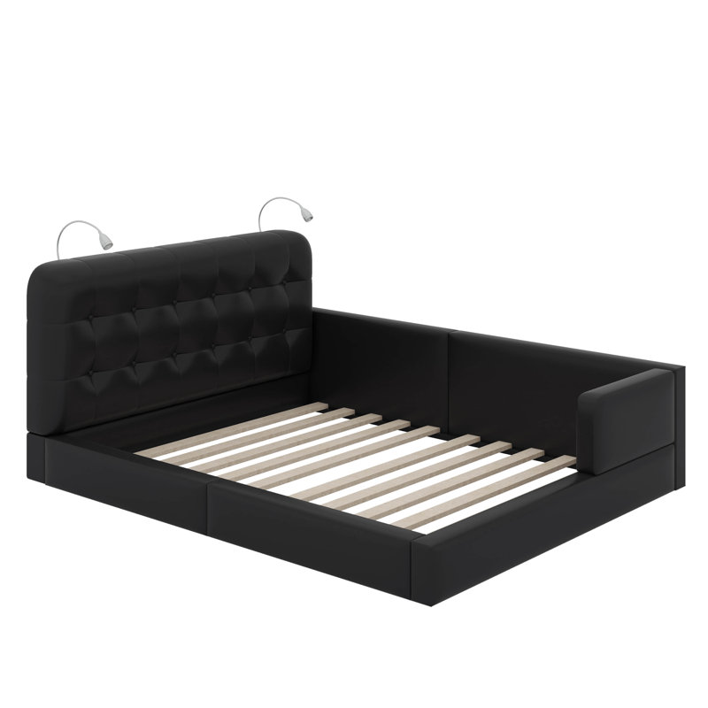 Grand lit plateforme tapissier avec 2 lampes de lecture, Noir