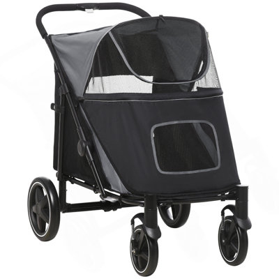 One-Click Foldable Doggy Stroller For Medium Large Dogs, Pet Stroller With Storage, Smooth Ride With Shock Absorption, Mesh Window, Safety Leash, Big Dog Walking Stroller, Gray