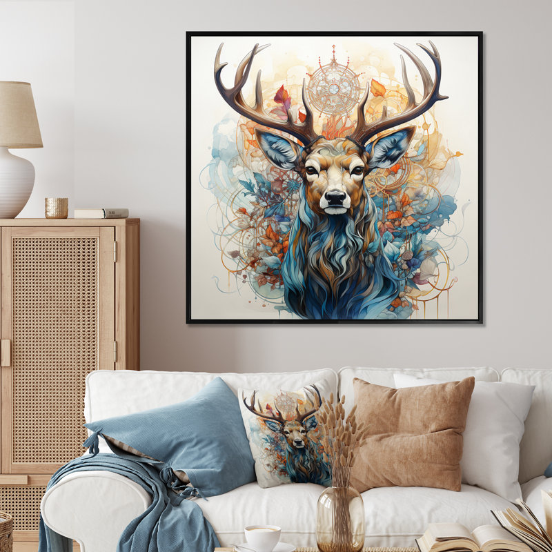 «Deer Abstracted Antler - Deer», reproduction d'art sur toile encadrée, Cadre flottant noir, H 30 po x l 30 po x P 1 po