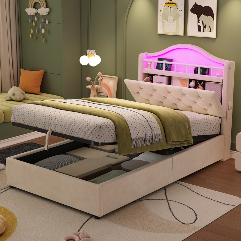 3ft Ottoman Bed With Led And  Storage Headboard Velvet, Beige