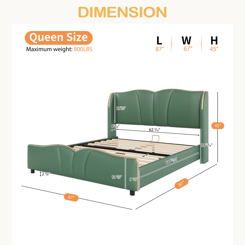 Modern Bed Frame With Wingback Head Board, Dark Green, Queen