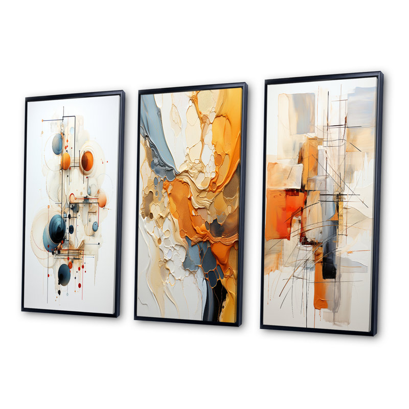 Sarcelle orange, dessin au trait, symbolisme conceptuel - art mural, ensemble de 3, Cadre flottant noir, H 32 po x l 48 po
