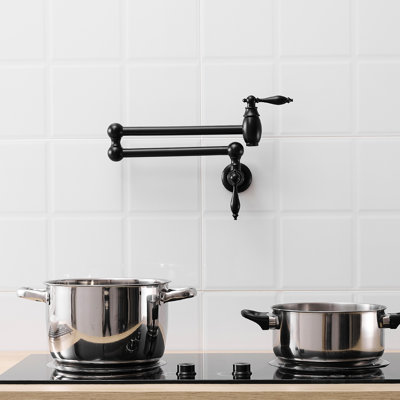 Wall Mounted Pot Filler Faucet, Brass Kitchen Faucet With Double Joint Swing Arms, Matte Black, Classic Style, Safe And Leak - , Ceramic Valves, Easy To Clean Nickel Finish, Stretchable Smooth