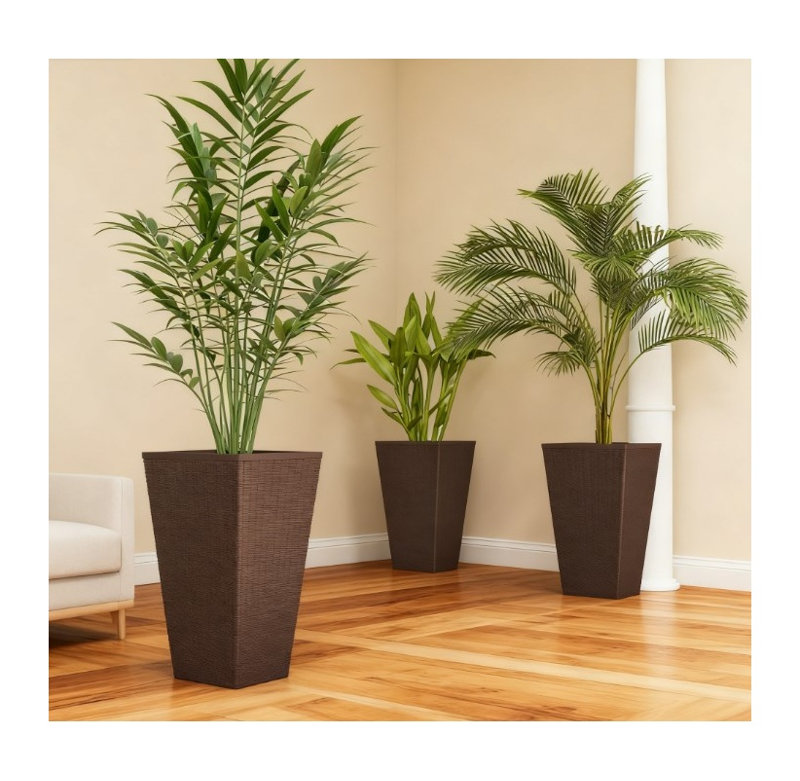 Ensemble de 3 grandes jardinières d'extérieur en polypropylène brun avec drainage