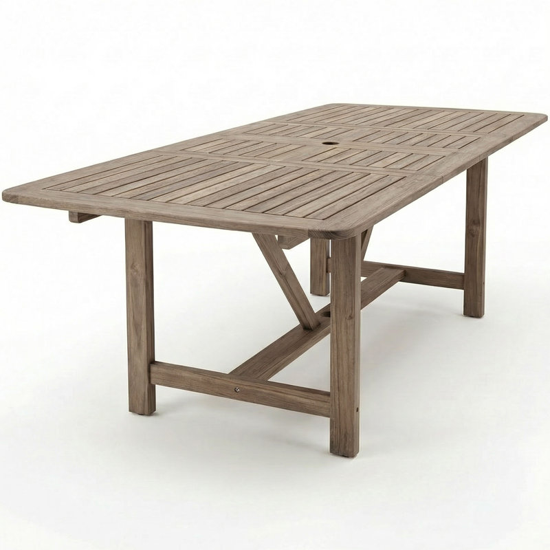 Table d'extérieur extensible en bois avec trou pour parasol, Gris, Extensible