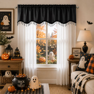  Sheer Elegance 3 Piece Halloween Window Curtain & Crystal Beaded Valance Set - Black