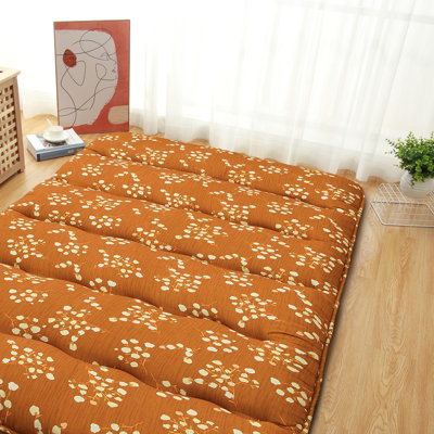 Floral Japanese Futon Mattress Tatami Mat Brownish Red Floor Mattress Folding Floor Lounger Roll Up Camping Mattress