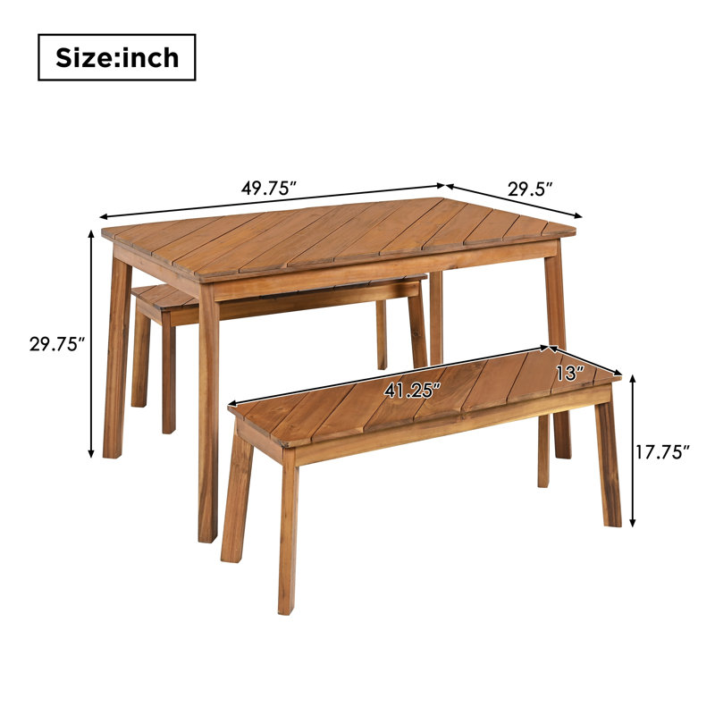 Ensemble de salle à manger d'extérieur 3 pièces en bois d'acacia avec table et 2 bancs pour terrasse, jardin et piscine
